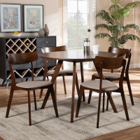 Baxton Studio Iora/Hexa-Latte/Walnut-5PC Dining Set Rika Mid-Century Modern Transitional Light Beige Fabric Upholstered and Walnut Brown Finished Wood 5-Piece Dining Set